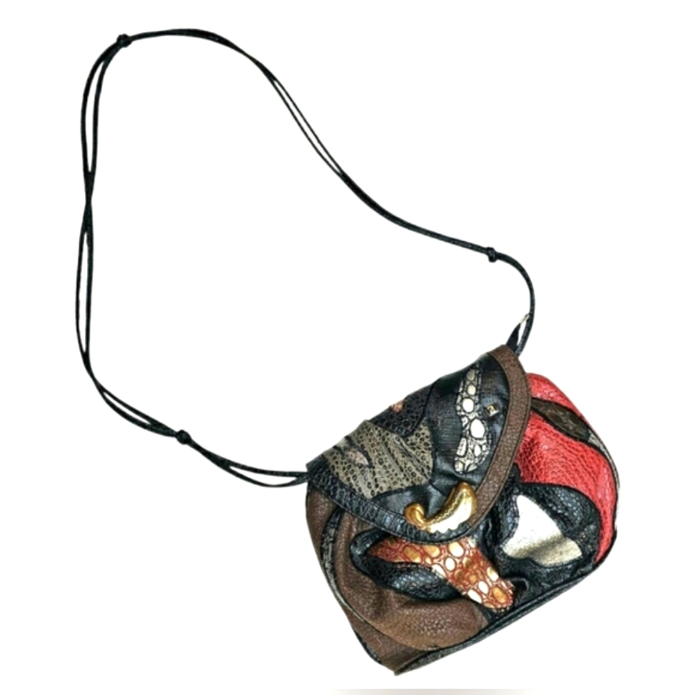 RARE Vintage NAS Alentino Black Leather Exotic Crossbody Purse Patchwork Gold - Picture 4 of 15